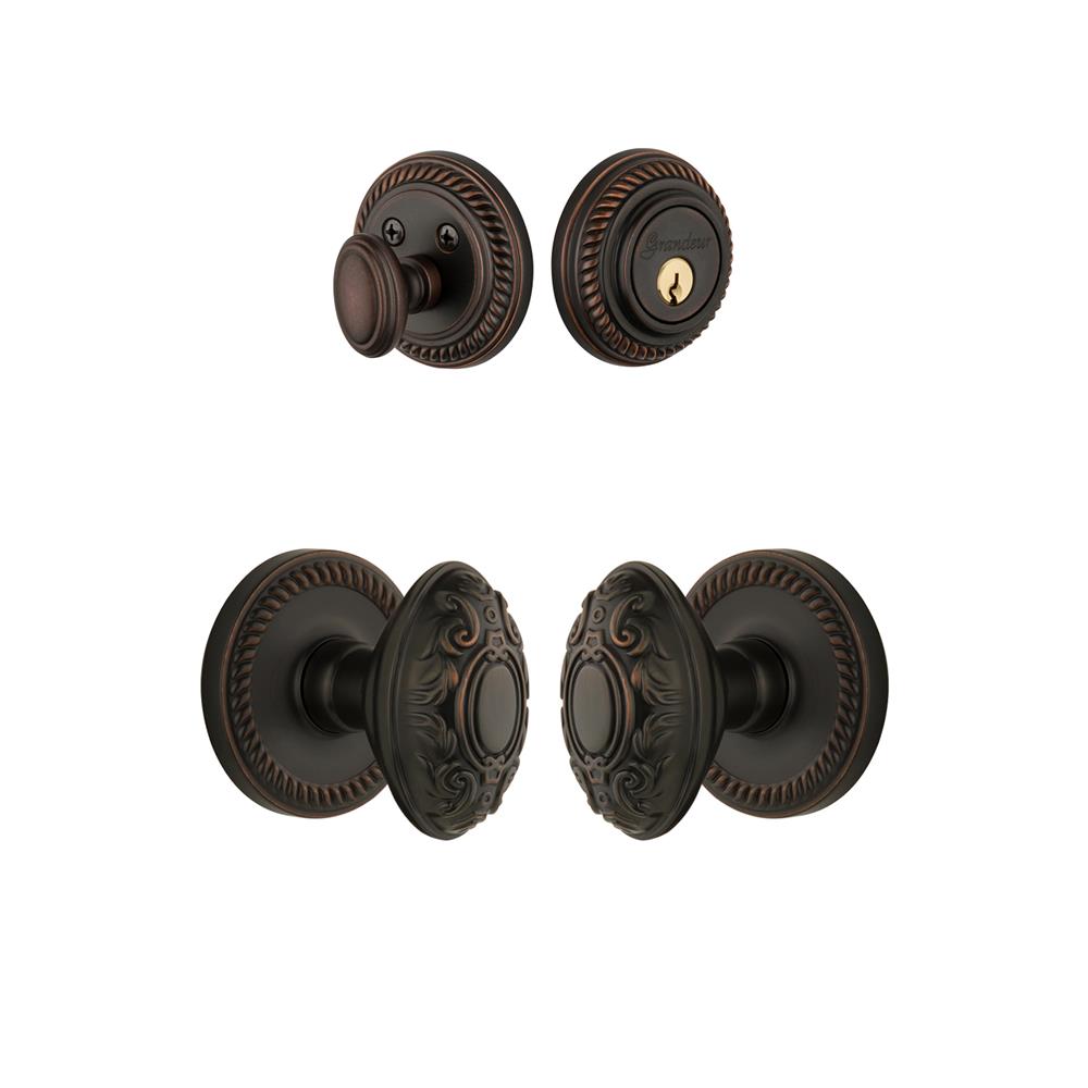 Grandeur by Nostalgic Warehouse Single Cylinder Combo Pack Keyed Differently - Newport Rosette with Grande Victorian Knob and Matching Deadbolt in Timeless Bronze